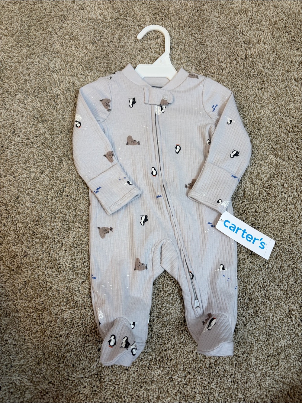 Carter's Light Taupe Animal Print Ribbed Footie